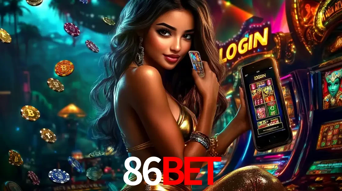 Mulher em um cenário de cassino temático de aventura, mostrando o app de caça-níqueis da 86BET no celular. Fichas de apostas flutuam ao redor.