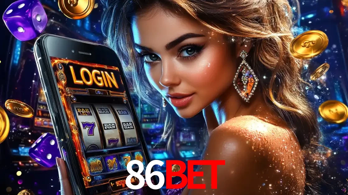 Mulher glamorosa segurando um smartphone com a tela de login para os jogos de caça-níqueis do cassino online 86BET, com moedas de ouro e dados ao redor.