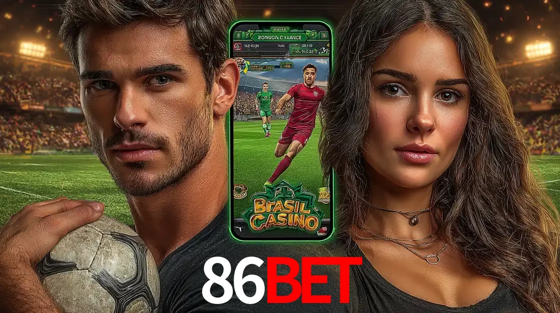 Homem segurando uma bola de futebol e uma mulher ao lado de um smartphone exibindo o jogo de apostas esportivas da 86BET. Faça seu palpite no cassino online.